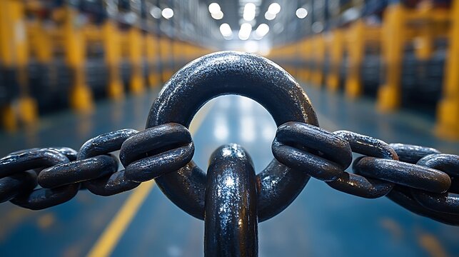 Supply chain crisis symbolized by unbreakable metal chain barring entry to storage facility