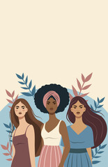 Equality Day, March 8. Women of different cultures, nationalities and skin colors stand together. Gender equality and women empowerment. Vertical illustration for women's holidays, projects