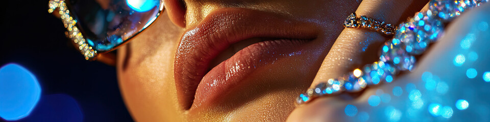 Obraz premium Close-up of Woman's Lips, Hand with Diamond Jewelry, and Blue Bokeh Background