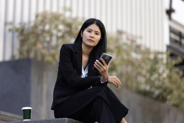 Future remote work combines technology smart phone digital business woman enable e-learning...