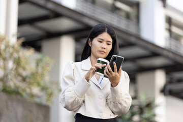 Future remote work combines technology smart phone connection online white digital business woman...