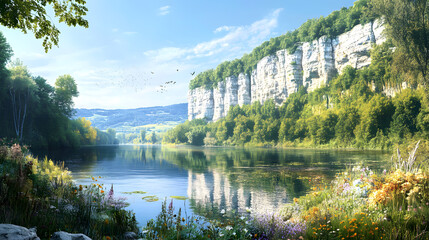 Serene River Valley with Majestic Cliffs and Lush Greenery