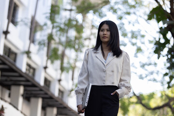 Future remote work combines technology smart phone connection online white digital business woman...