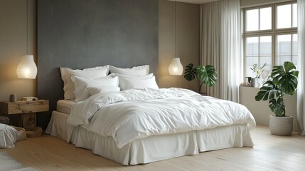 Modern minimalist bedroom with white bedding and natural light