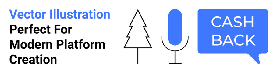 Tree, microphone, and speech bubble with CASH BACK text in clean lines and minimalist style. Ideal for promotions, sustainability, digital platforms, voice technology, advertising, rewards programs