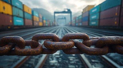 Trade barrier symbolized by strong metal chain obstructing entry to shipping yard