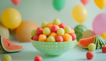 Bowl with melon and watermelon balls on table