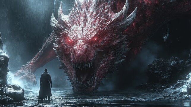 A fantasy scene depicting a fierce red dragon,