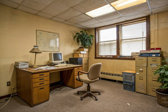 Abandoned early 2000s office with outdated furniture and neglected atmosphere