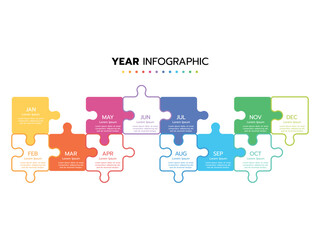 Infographic template for business. Concept with 12 pieces of a puzzle or 12 months, 4 quarter steps vector infographic.