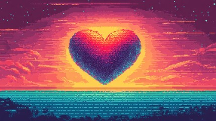 Pixel Heart Sunset Over the Ocean