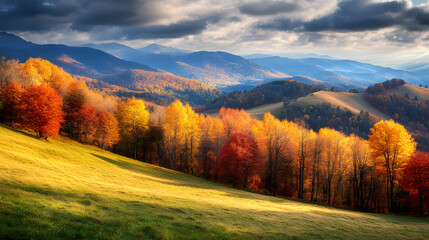 Fototapeta premium Majestic Autumnal Mountain Landscape with Golden and Red Trees