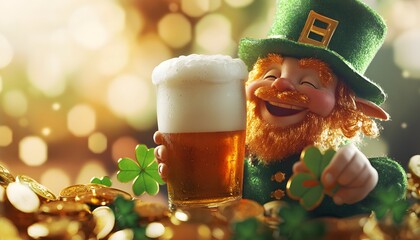 Happy Leprechaun Cheers Beer And Gold Coins