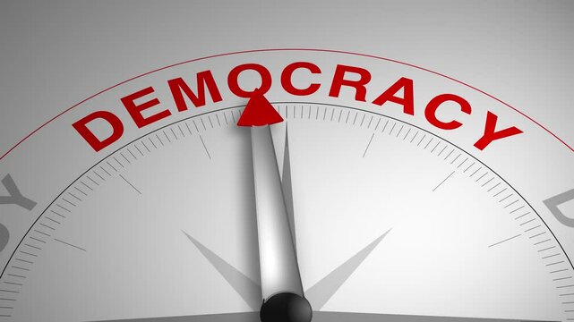 Democracy text or word with a gauge arrow on a compass, representing guidance and direction on a clean white background. Ideal for business, coaching, consulting, and self-improvement concept