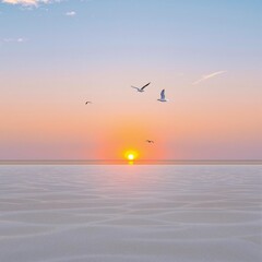A tranquil beachscape with a few seagulls flying overhead as the sun sets over the ocean, seagull, sky, nature