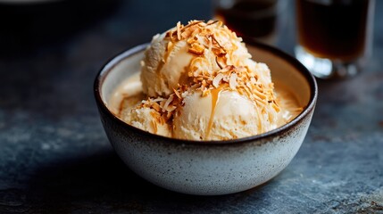 A rich and creamy Vietnamese coconut coffee ice cream topped with toasted coconut flakes, served with a bold iced coffee for a perfect fusion dessert