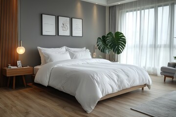 Modern minimalist bedroom with white bedding and wooden accents