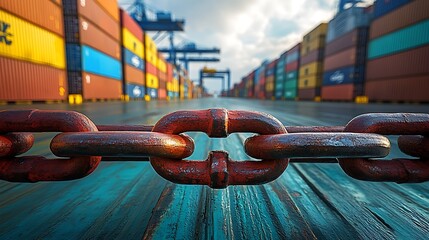 Economic restriction symbolized by heavy duty chain blocking trade shipment containers