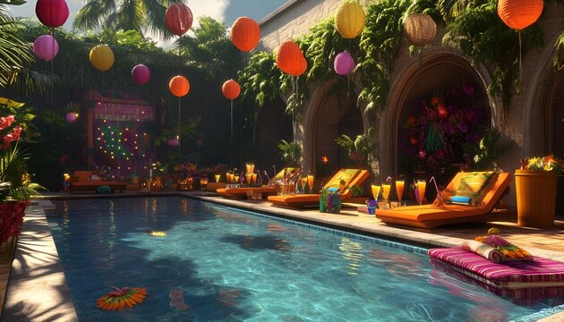 Summer Solstice Party poolside party with sun loungers, tropical drinks, and colorful decorations