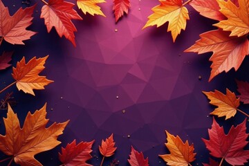 Fototapeta premium Dry orange metallic leaves, violet backdrop Geometric autumnal design , image, metallic, violet background