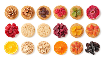 Naklejka premium Cookies and freeze dried fruits isolated on white, top view