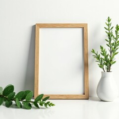 Elegant simple frame with greenery garland on white table, marketing, material