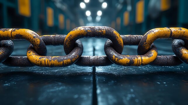 Industrial blockade concept with massive steel chain restricting movement in cargo facility