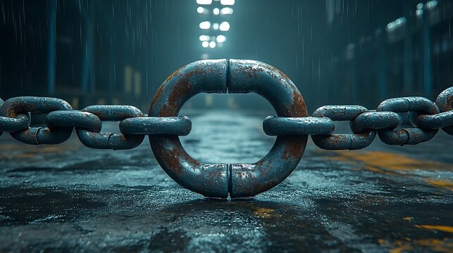 Industrial blockade concept with massive steel chain restricting movement in cargo facility