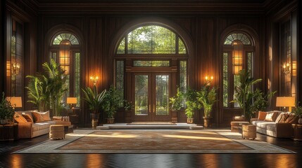 Obraz premium Luxurious mansion foyer, sunlight, plants, calm. Interior design, home staging