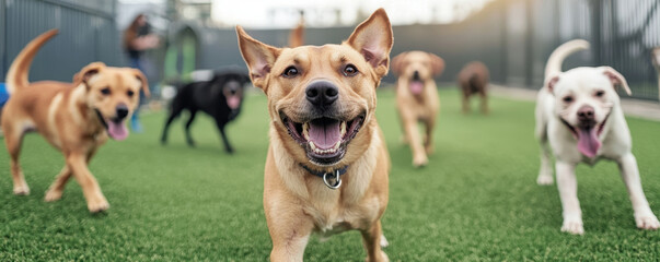 Happy dogs playing on artificial grass in pet friendly yard