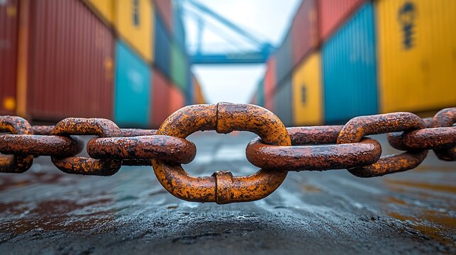 Thick steel chain lying on ground in front of cargo containers representing trade restrictions