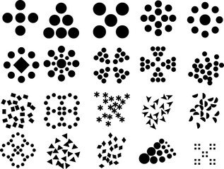 A collection of black and white geometric shapes, including circles, squares, and triangles. The shapes are arranged in various patterns and sizes, creating a sense of movement and depth