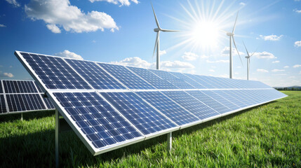Close up of solar panels reflecting sunlight with wind turbines nearby