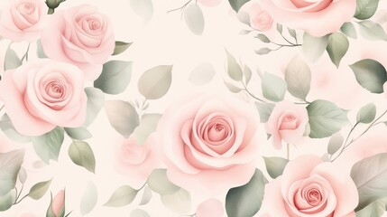 Fototapeta premium Delicate pink roses and verdant foliage intertwining in seamless pattern, expressing soft feminine aesthetic for design projects