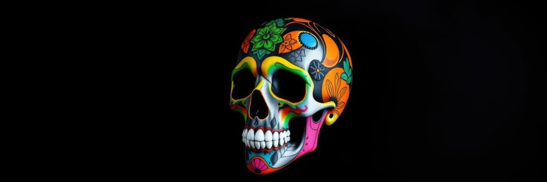 A vibrant and playful skull with bright colors against a black or dark background, fun skull, quirky decor, colorful skulls