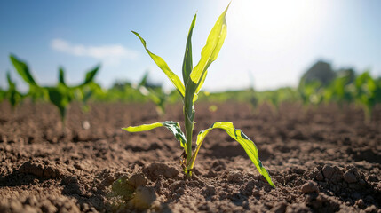 young corn plant growing in fertile soil under bright sunlight