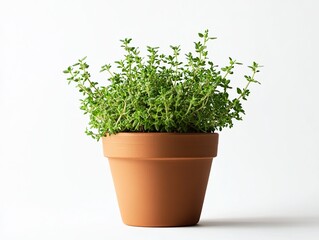 Thyme plant in terracotta pot isolated on white background studio shot