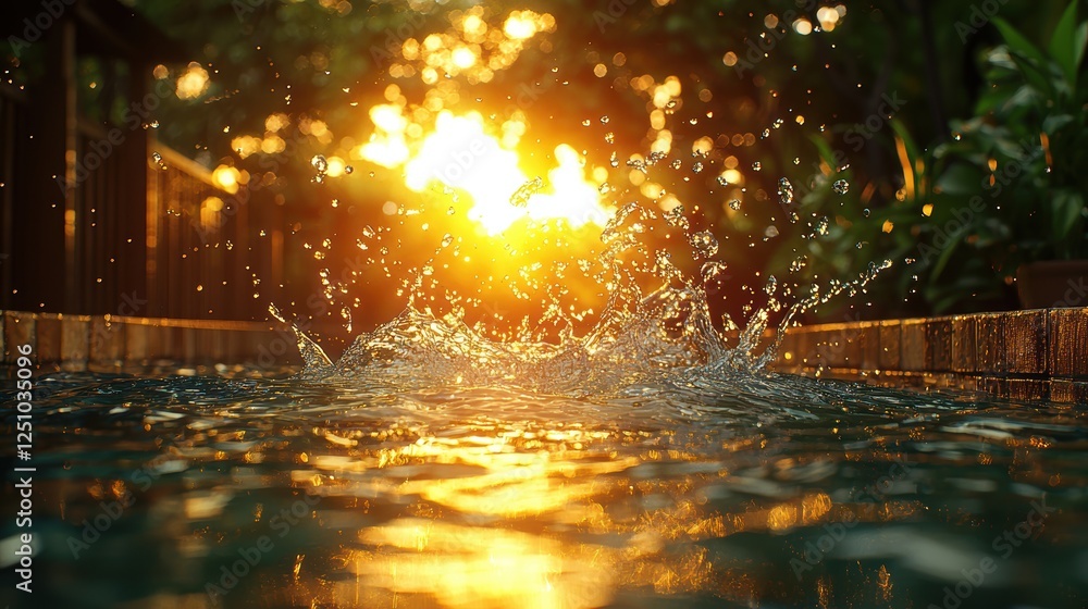 Poster a serene sunset reflecting on water with splashes creating ripples.