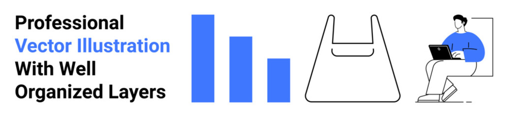 Man seated with laptop, vertical bar charts, and shopping bag outline. Ideal for e-commerce, data analytics, productivity, remote work, marketing, technology flat landing page banner