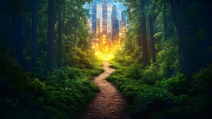 Obraz premium Overgrown Forest Path Leading to Glowing Futuristic Cityscape in the Distance