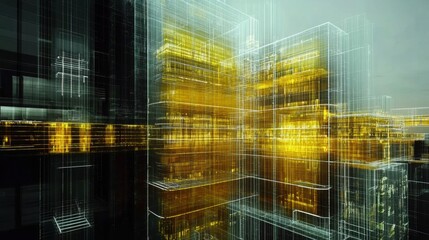 Obraz premium Abstract Digital Cityscape with Yellow Highlights and Lines