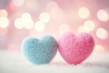 Obraz premium Two Fuzzy Hearts in Pastel Pink and Blue on Snowy Background with Bokeh Lights