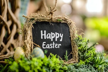 Naklejka premium Happy Easter sign with holiday decoration of spring flowers and eggs 