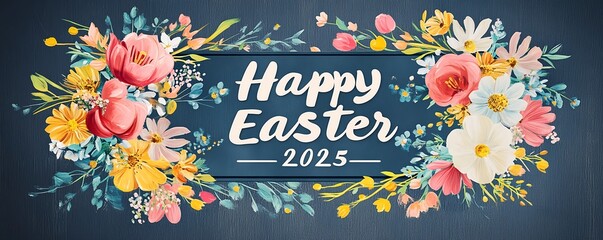 Happy Easter 2025 sign with holiday decoration of spring flowers