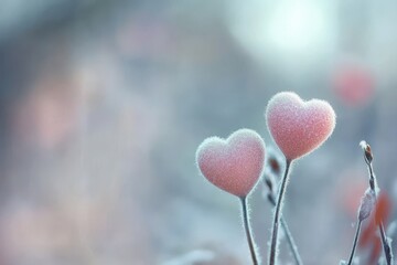 Two Pink Frosted Hearts on Winter Plant