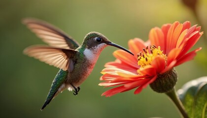 Fototapeta premium Emerald Hummingbird Nectaring on a Zinnia Flower in the Soft Morning Light