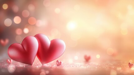 Two Red Glittery Hearts on Soft Gold Background