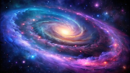 A vibrant galaxy with swirling clouds of purple gas and blue stars against a dark background, planets, astronomy, space, celestial