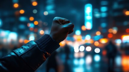 Nighttime Urban Scene with Fist Raised in a Vibrant City Background