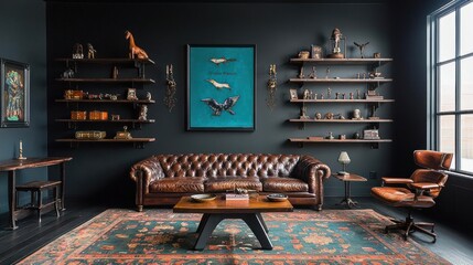 Dark Modern Living Room With Brown Leather Sofa And Wooden Shelving